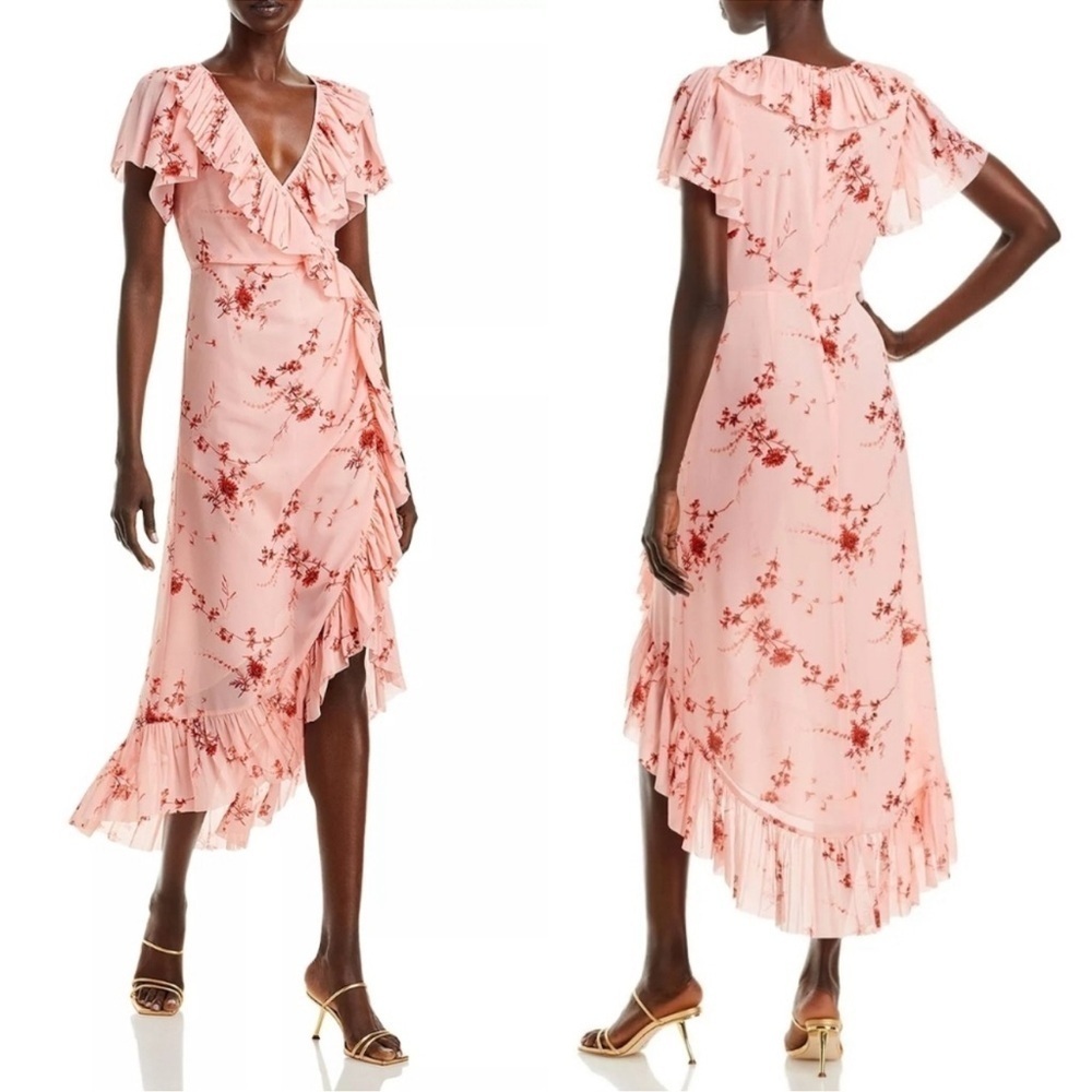 Nwot Cinq A Sept Pink Floral Fleur Sheilla Ruffle Midi Casual Dress Sz 2